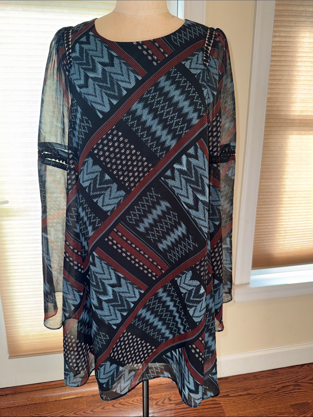 BCBGeneration Patchwork Print Lace Trim Flared Sleeve Dress